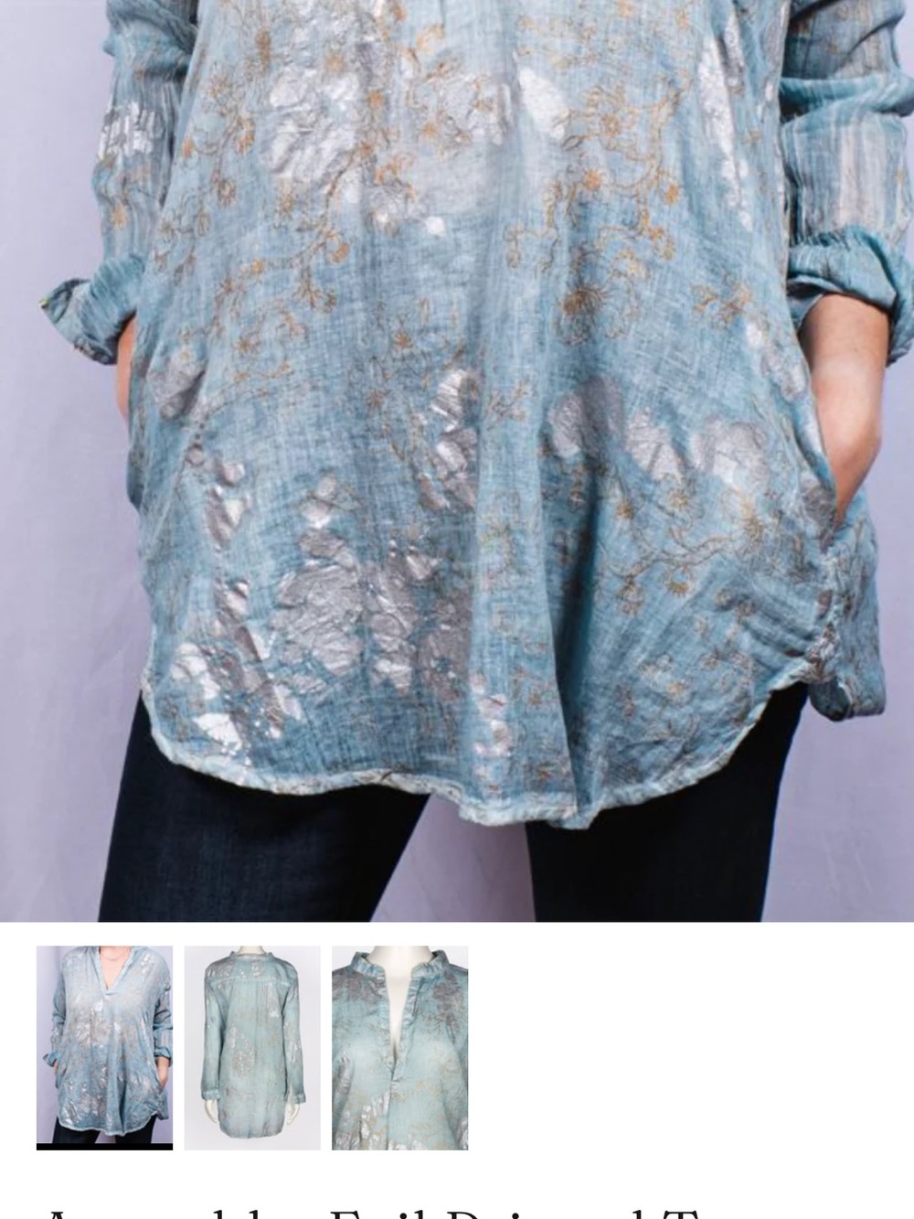 Dolma Anoushka Light Teal Foil-Print Tunic Top - Women Sz M Pocket